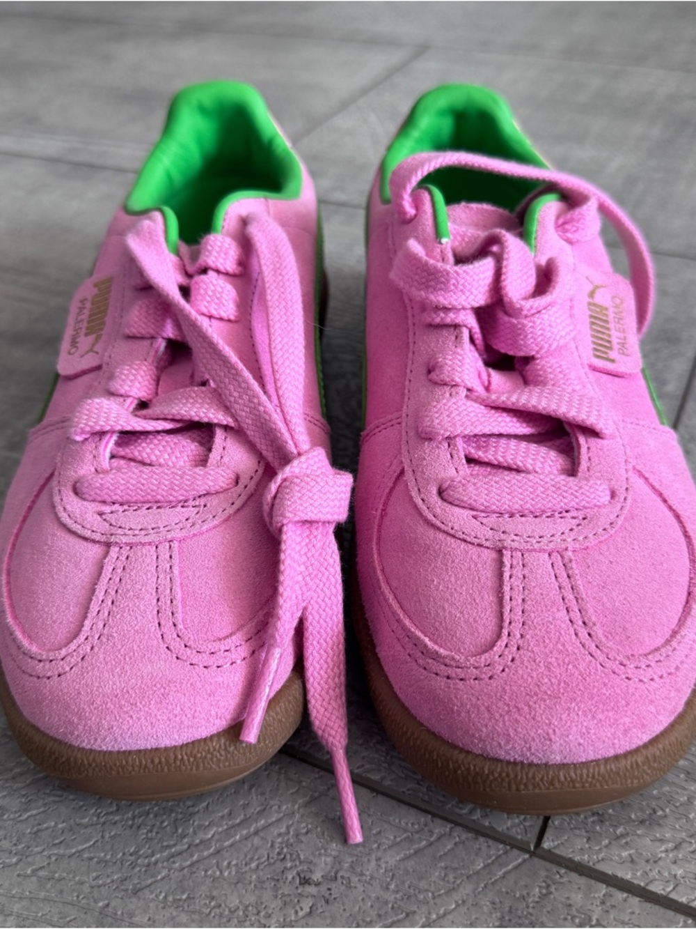 Puma Pink Suede Sneakers with Green Lining